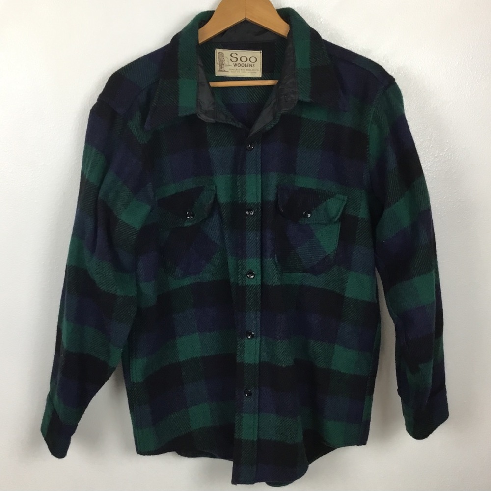 SOO WOOLENS Traverse Bay Woolen Co Blue Green Plaid  Button Up Medium